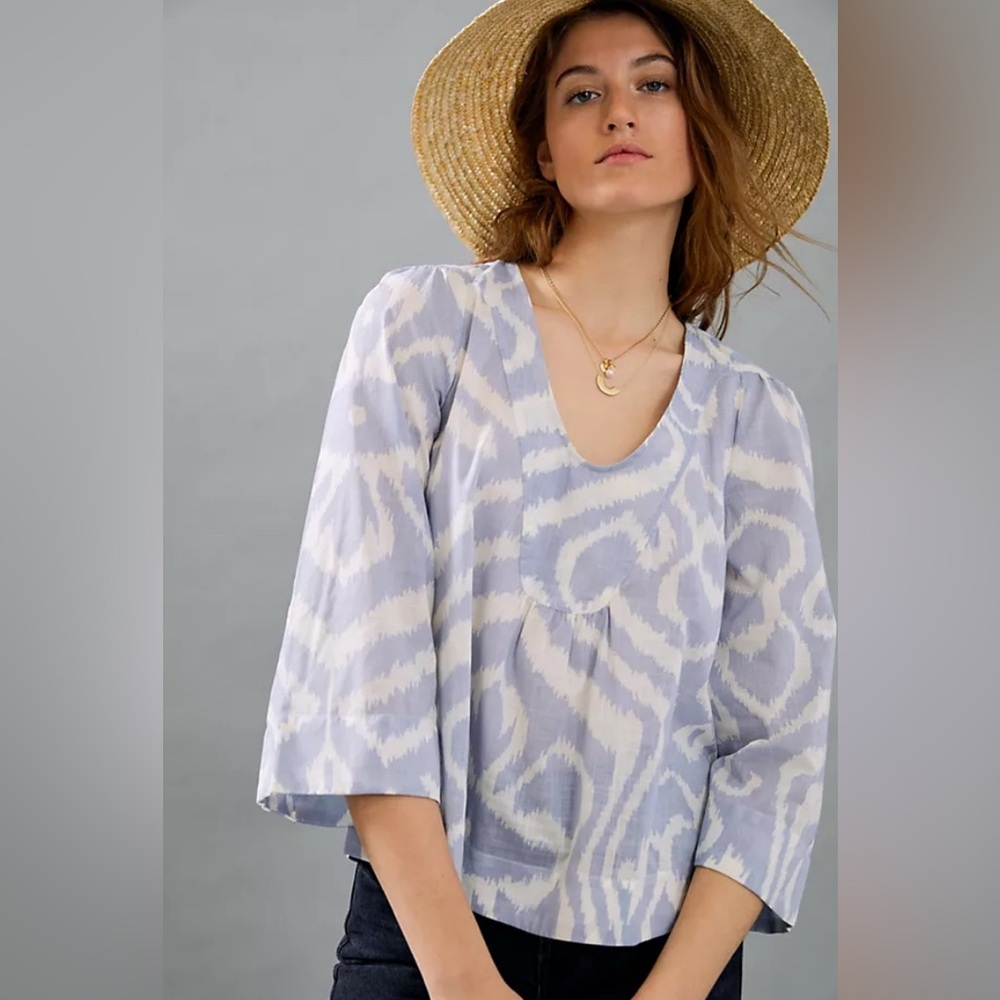 Anthropologie Laverne Light Blue and White Blouse Small